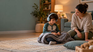 A boy with headphones sits on a rug, wrapped in a blanket, while a woman smiles at him in a cozy living room.