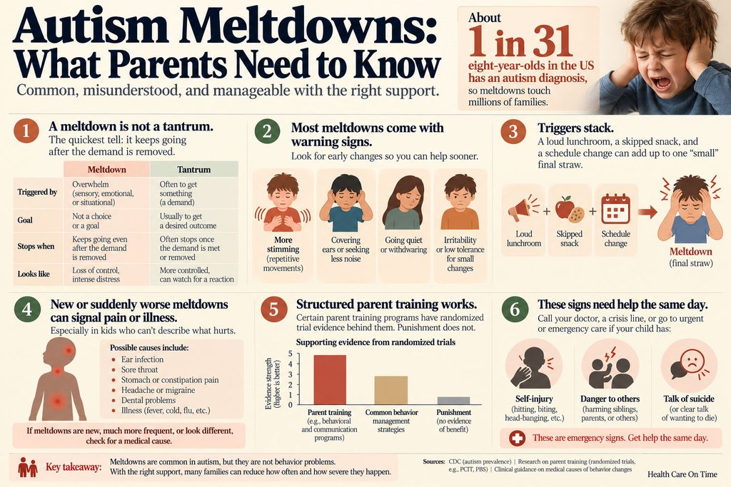 Infographic on autism meltdowns, detailing triggers, signs, and parent training strategies with illustrations.