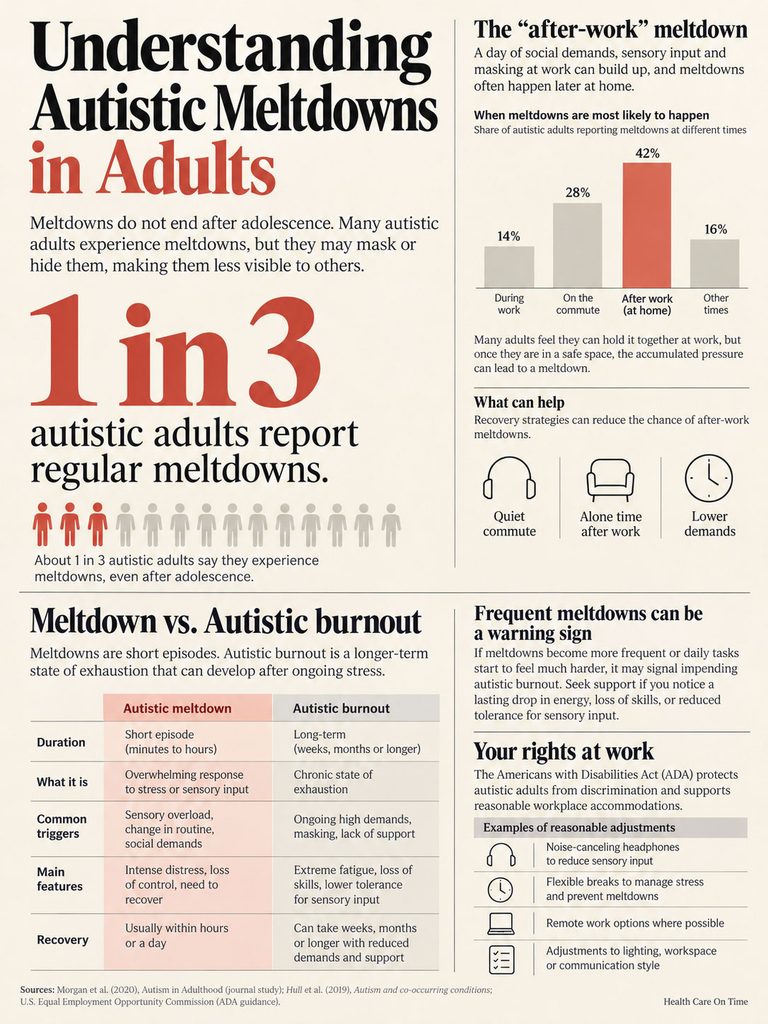 Infographic explaining autistic meltdowns in adults, showing statistics, triggers, and recovery strategies.