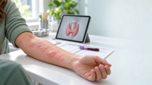 A person’s arm with skin lesions rests on a table beside a tablet displaying a thyroid diagram.