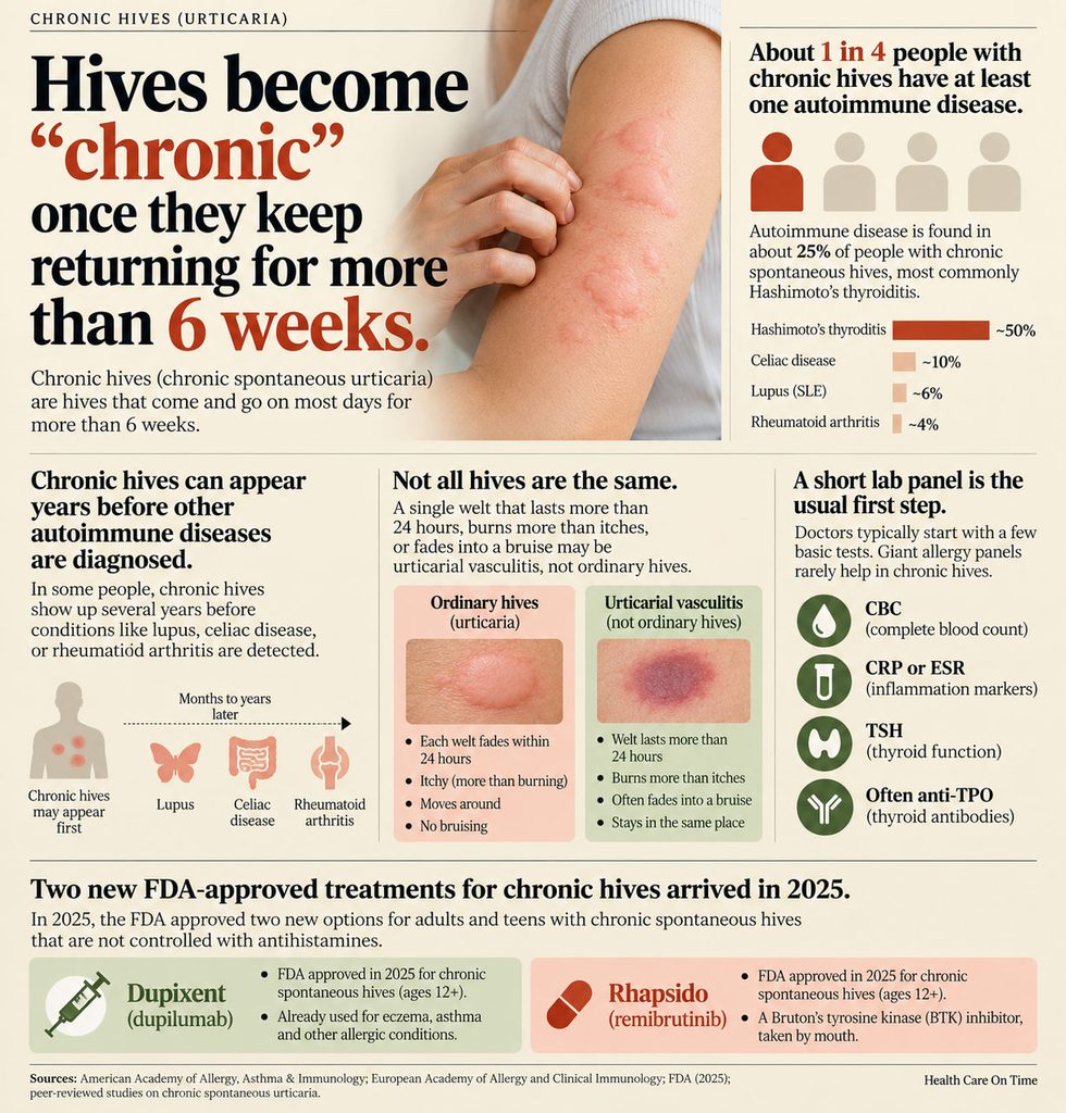 Infographic explaining chronic hives, autoimmune diseases, and treatment options with charts and illustrations.