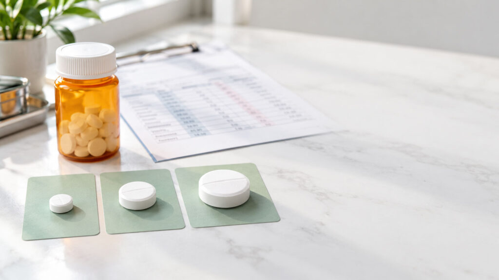 Three white pills on green cards beside an orange pill bottle and a document on a marble surface.