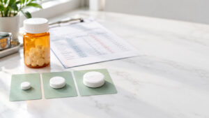 Three white pills on green cards beside an orange pill bottle and a document on a marble surface.