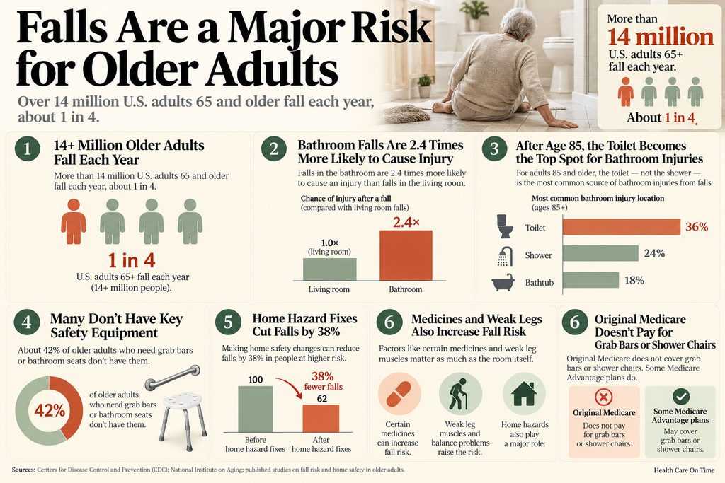 Infographic showing fall risks for older adults, including statistics and safety equipment needs.