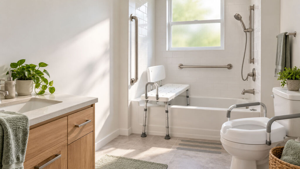 A bright bathroom features a shower, tub, grab bars, and a shower bench with plants on the counter and toilet.
