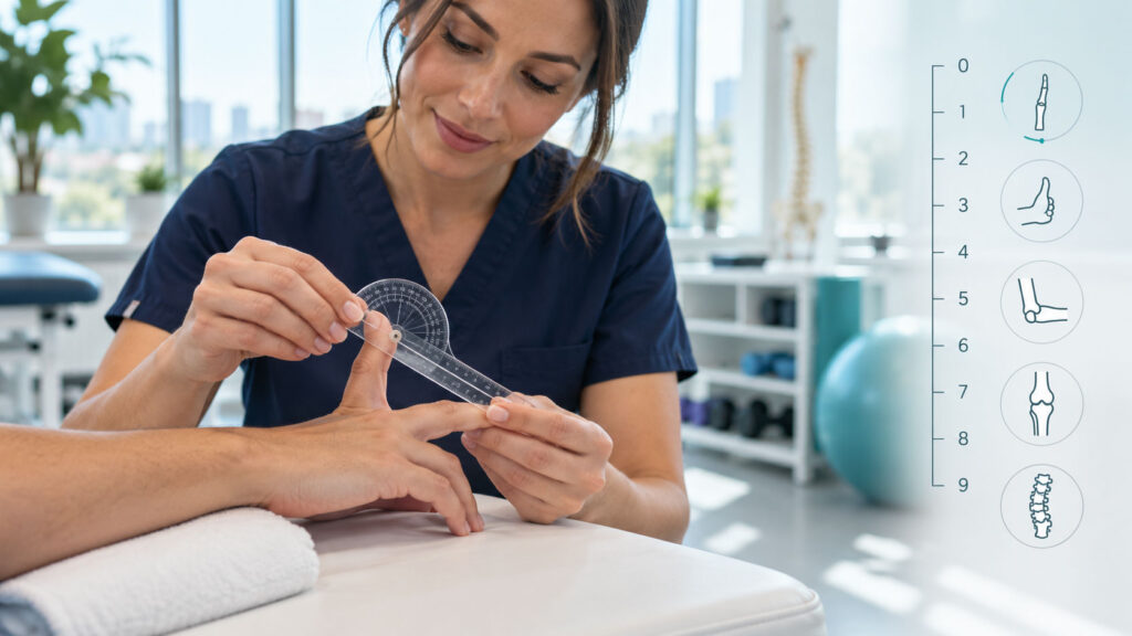 A healthcare professional measures a patient's finger angle using a goniometer in a bright therapy room.
