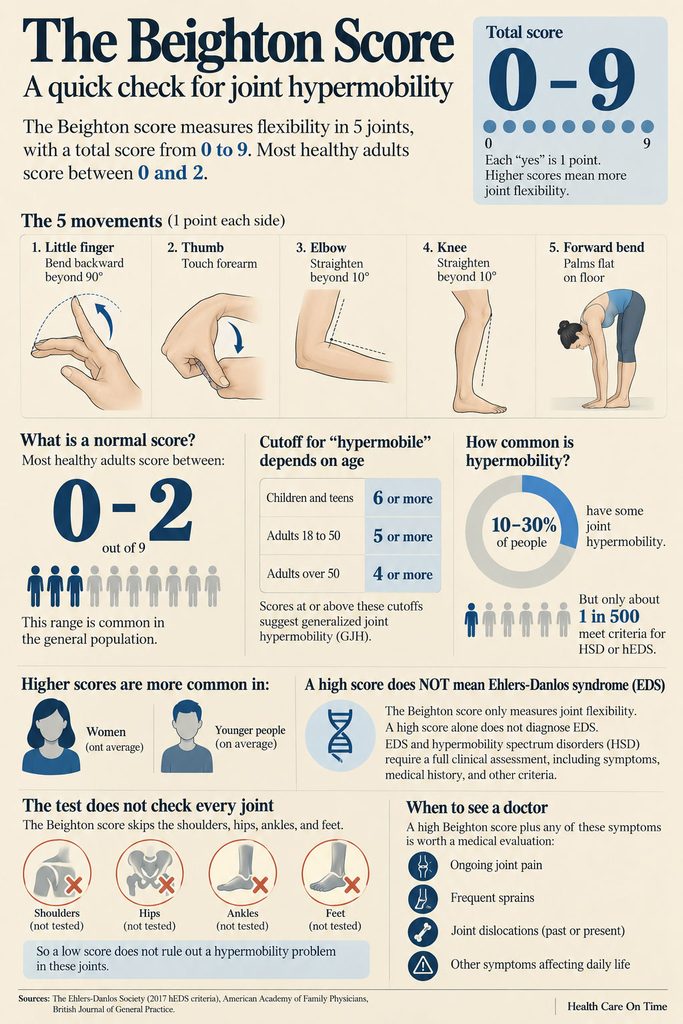 Infographic explaining the Beighton Score for joint hypermobility, detailing movements, scoring, and commonality statistics.