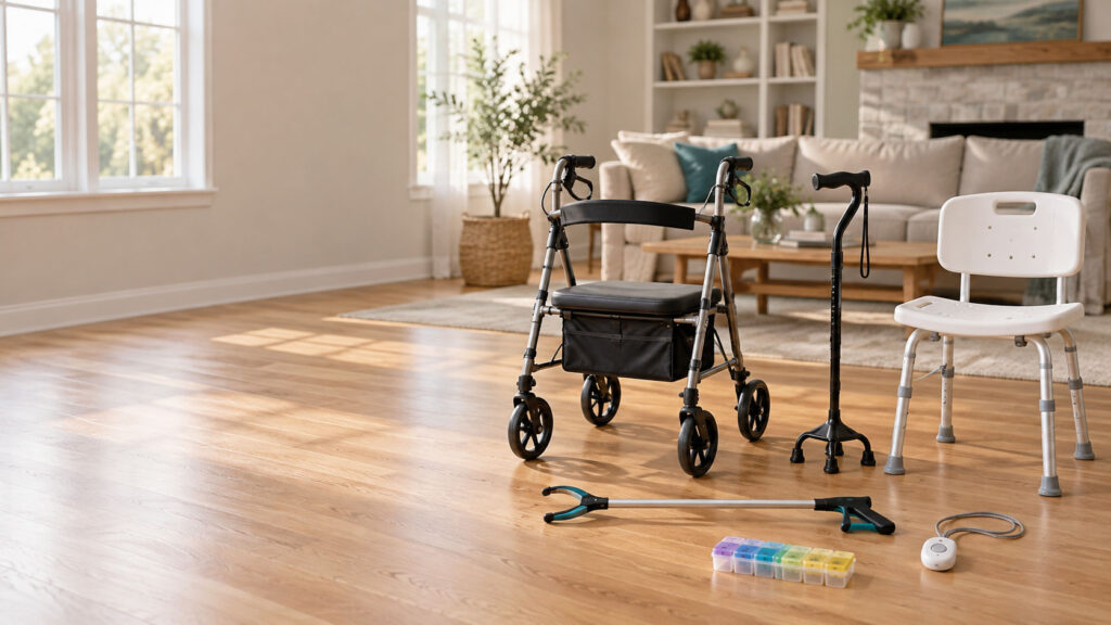 A living room with a walker, cane, shower chair, reacher, and pill organizer on hardwood floor.