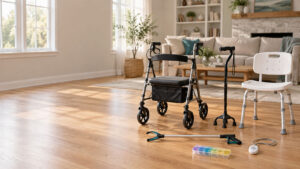 A living room with a walker, cane, shower chair, reacher, and pill organizer on hardwood floor.