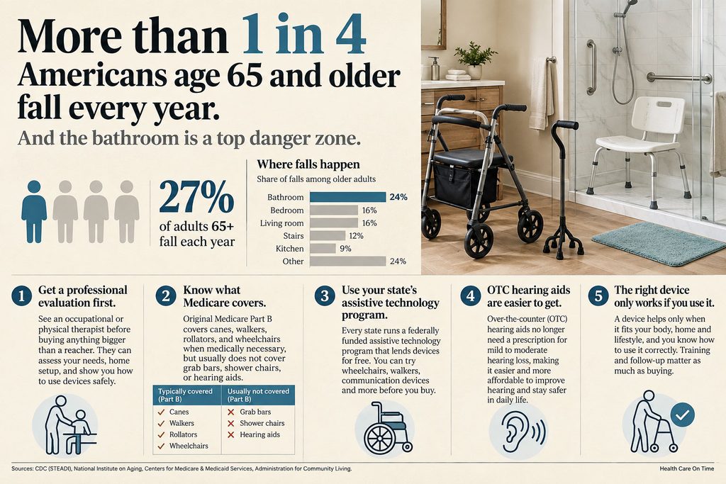 Infographic showing fall statistics for adults 65+, highlighting bathroom dangers and safety tips.