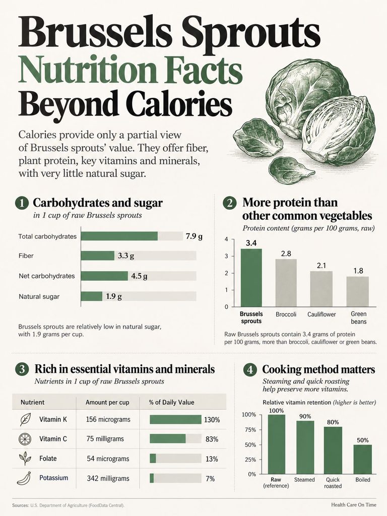 Infographic showing Brussels sprouts nutrition facts, including carbohydrates, protein, vitamins, and cooking methods.