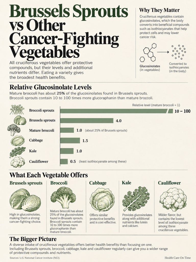 Infographic comparing glucosinolate levels in Brussels sprouts, broccoli, cabbage, kale, and cauliflower.