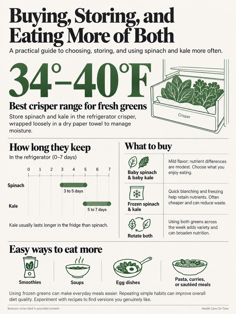 Infographic on buying, storing, and eating spinach and kale, featuring storage tips and meal ideas.