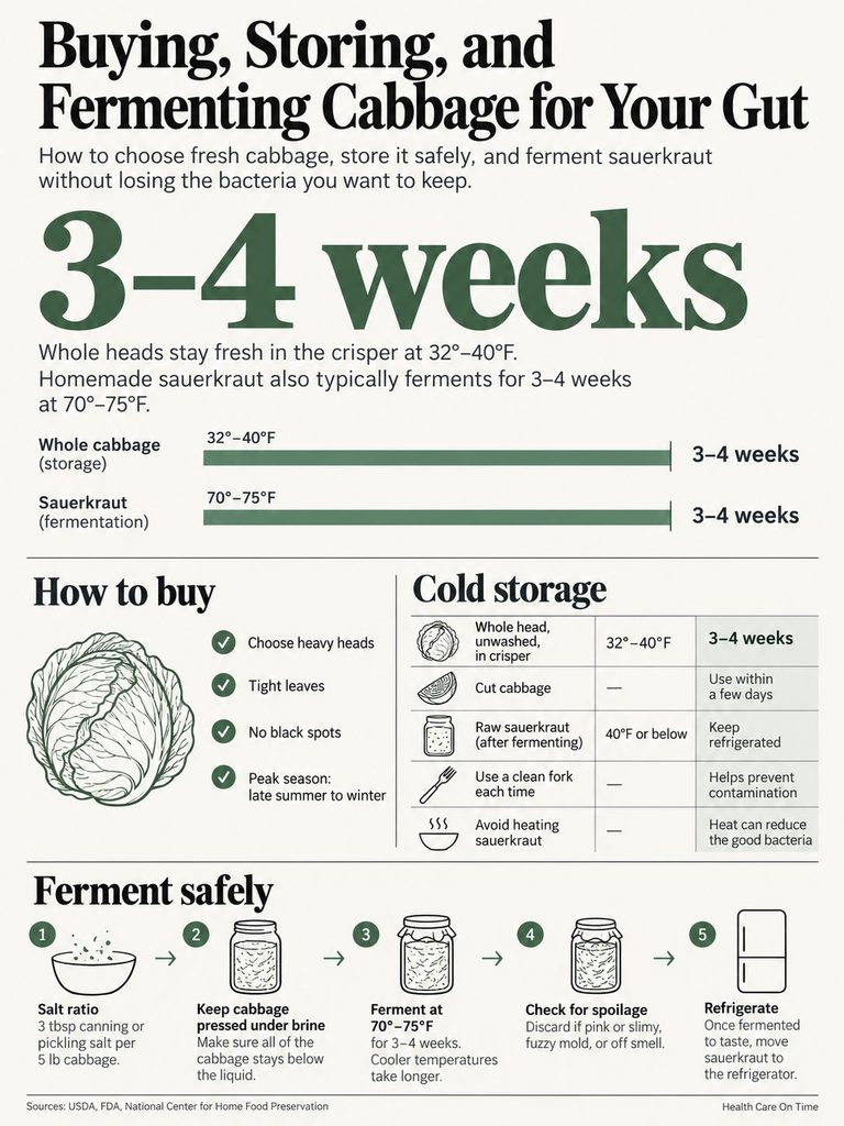 Infographic detailing how to buy, store, and ferment cabbage for gut health, with storage temperatures and fermentation steps.