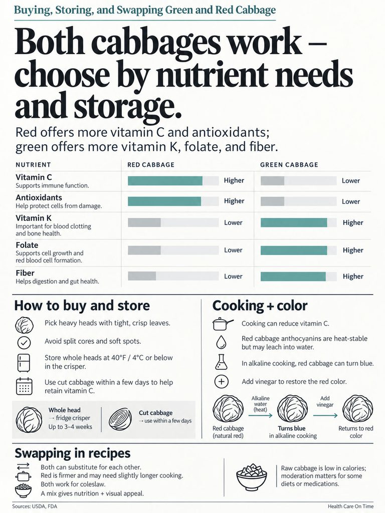 Infographic comparing nutrient content of red and green cabbage, highlighting vitamins and storage tips.
