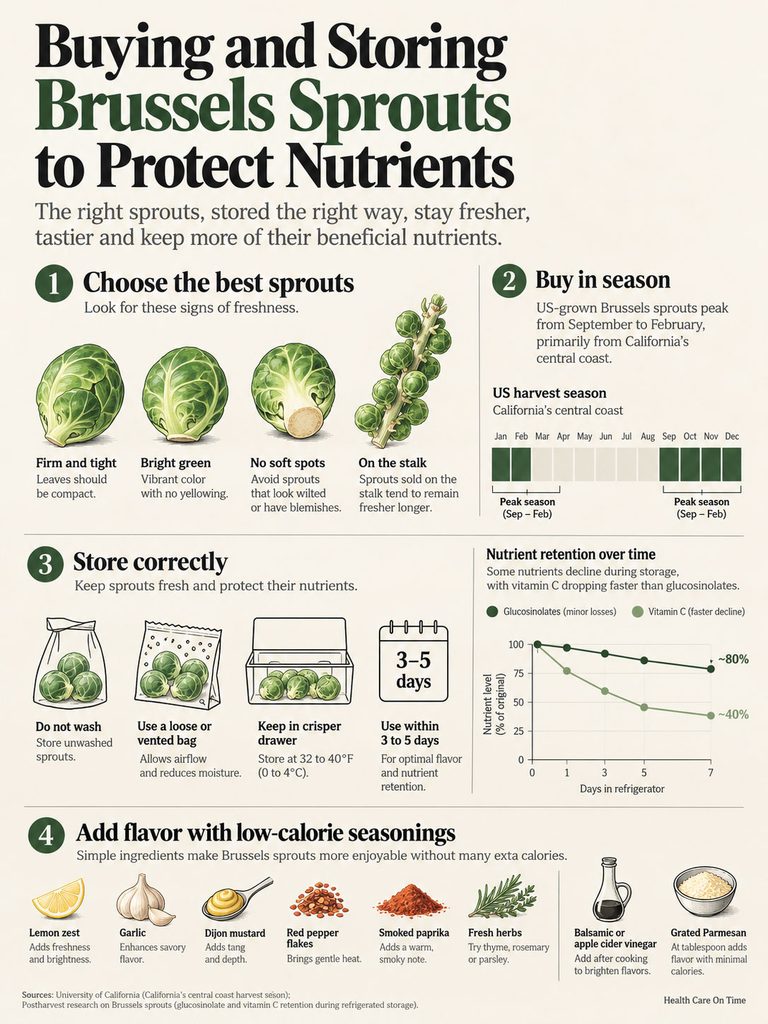 Infographic on buying and storing Brussels sprouts, featuring tips, charts, and illustrations for freshness and nutrient retention.
