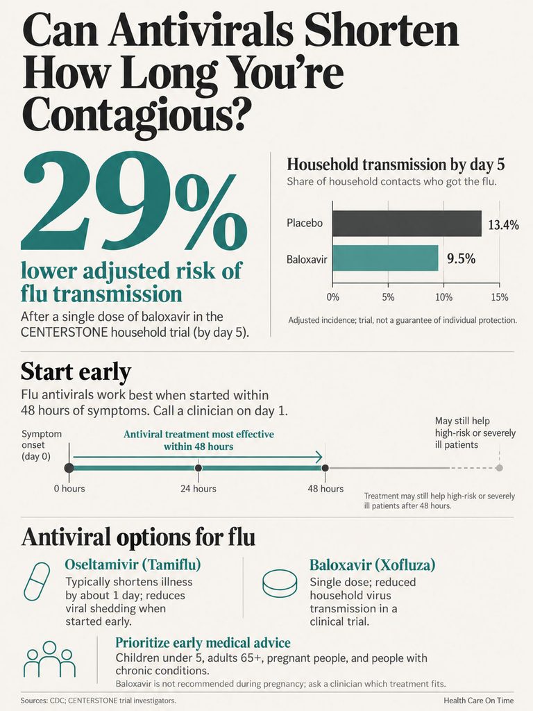 Infographic showing flu transmission risk reduction with baloxavir, treatment timing, and antiviral options for flu.