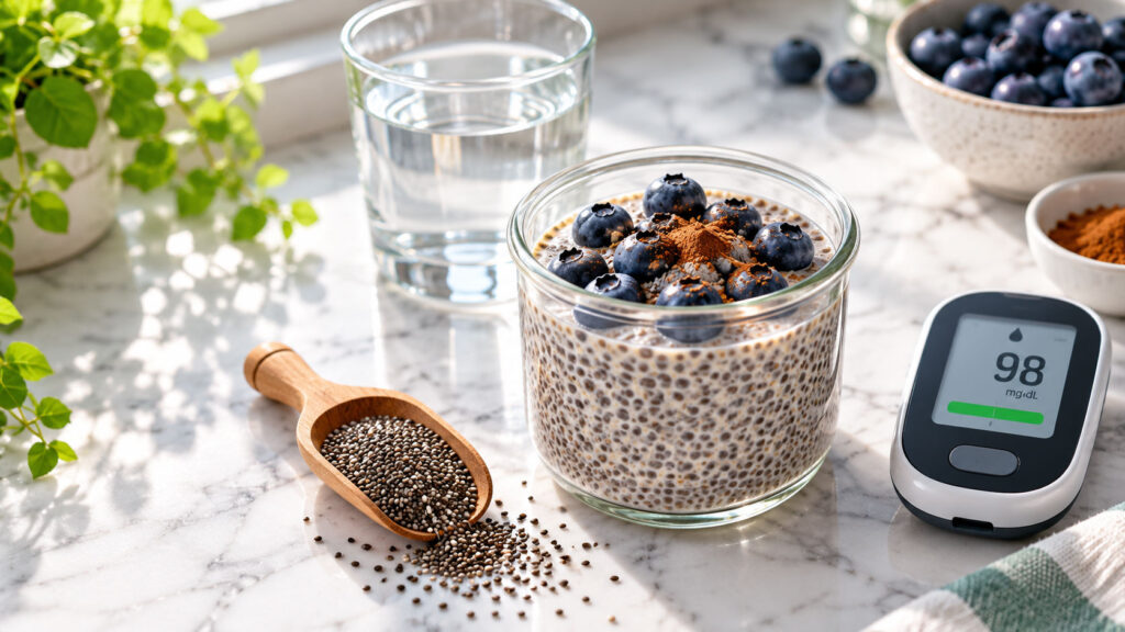 A glass bowl of chia pudding topped with blueberries and cinnamon, next to a water glass and a glucose monitor.