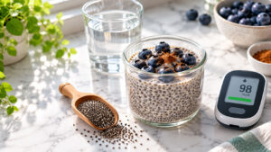 A glass bowl of chia pudding topped with blueberries and cinnamon, next to a water glass and a glucose monitor.