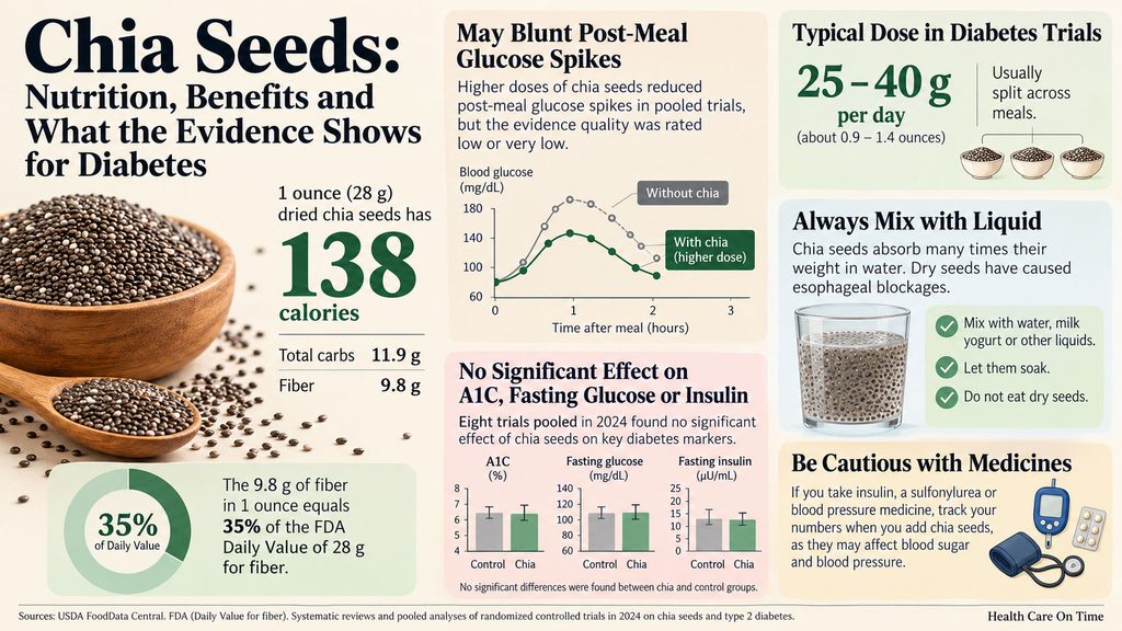 Infographic on chia seeds showing nutrition facts, benefits for diabetes, and usage guidelines with charts and illustrations.