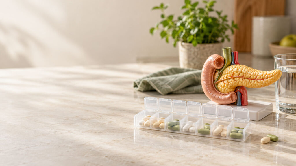 A colorful anatomical model of the pancreas sits beside a pill organizer filled with various supplements and a glass of water.