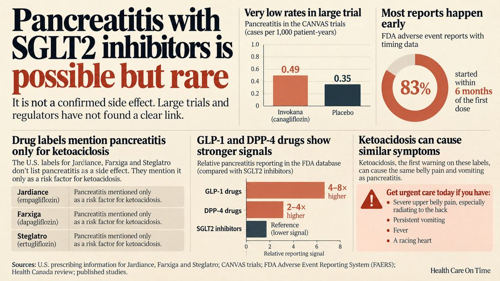 Infographic showing pancreatitis risks with SGLT2 inhibitors, including charts and key statistics on drug labels and symptoms.