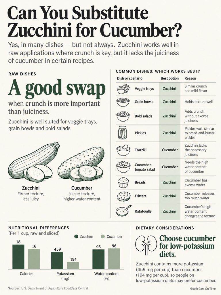 Infographic comparing zucchini and cucumber for various dishes, showing nutritional differences and best uses.