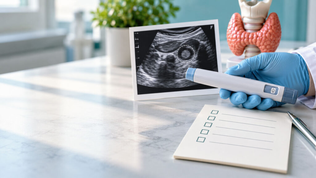 A medical professional holds an ultrasound device next to an ultrasound image and a checklist on a table.