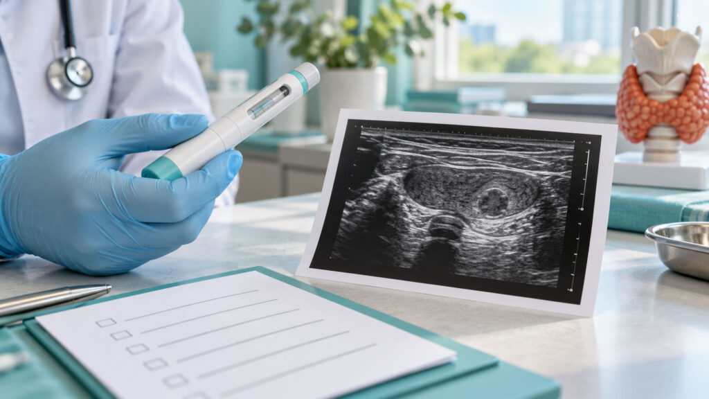 A doctor in blue gloves holds a medical device next to an ultrasound image on a table in a bright clinic.