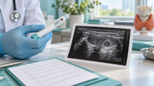 A doctor in blue gloves holds a medical device next to an ultrasound image on a table in a bright clinic.