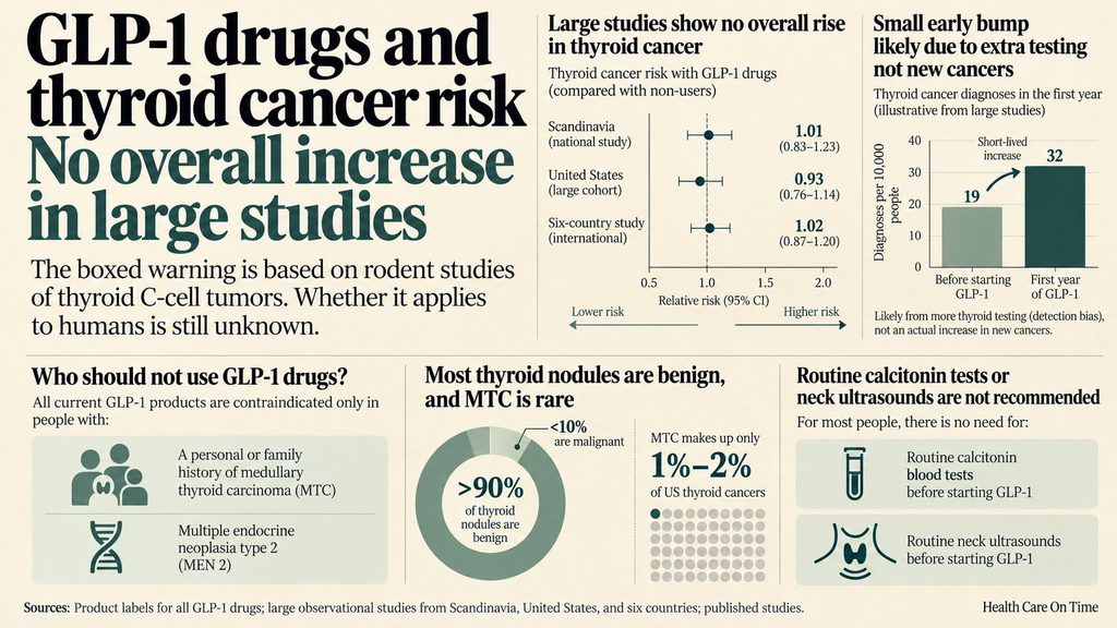 Infographic showing GLP-1 drugs and thyroid cancer risk, including charts, statistics, and warnings about usage.