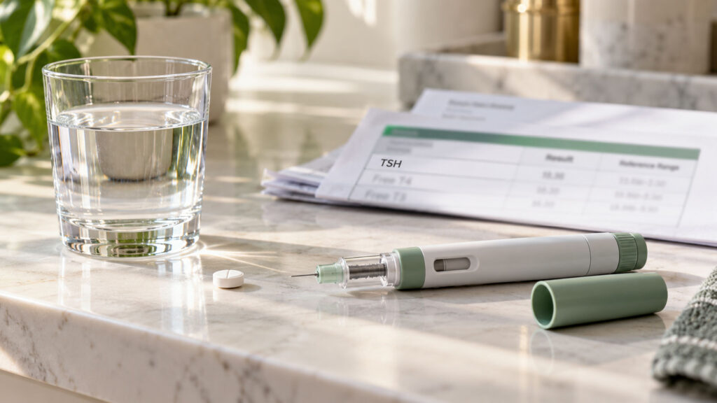 A glass of water, a white pill, and a medication pen on a marble countertop with paperwork in the background.