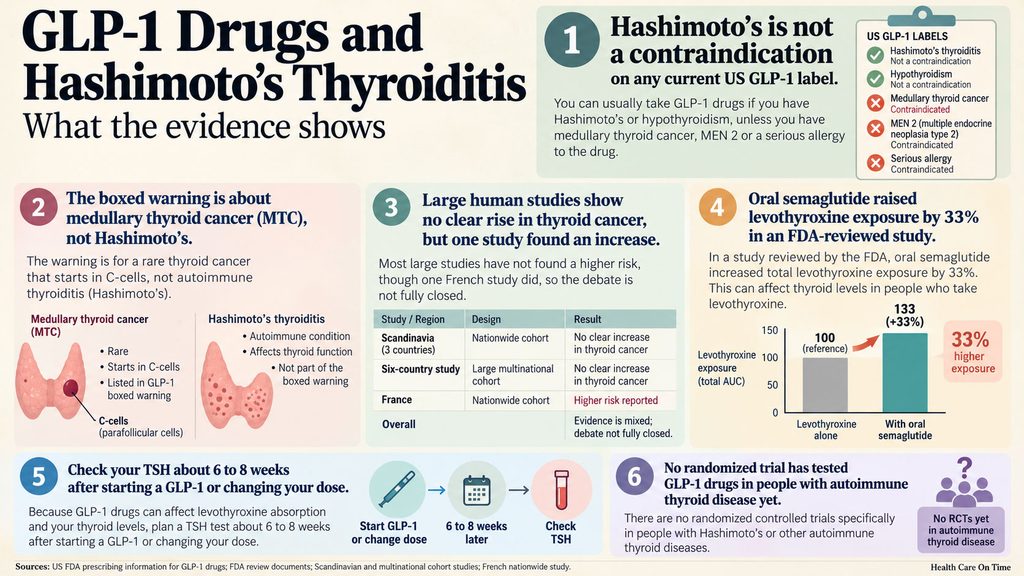 Infographic showing GLP-1 drugs and Hashimoto's thyroiditis, including studies, statistics, and warnings about thyroid cancer.