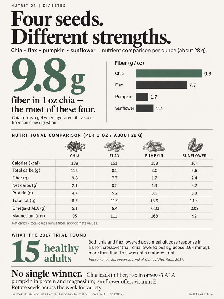 Infographic comparing fiber content and nutrients of chia, flax, pumpkin, and sunflower seeds with charts and data.