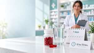 A pharmacist stands behind a table with a bottle of red capsules, a glass of water, and a calendar showing 7 days.