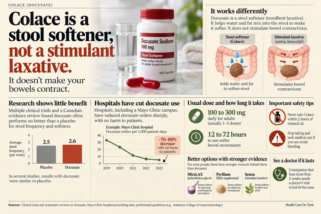 Infographic explaining Colace as a stool softener with dosage, benefits, and safety tips, featuring charts and illustrations.