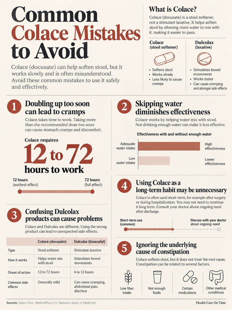 Infographic detailing common Colace mistakes, including dosage timing, water intake, and product confusion.