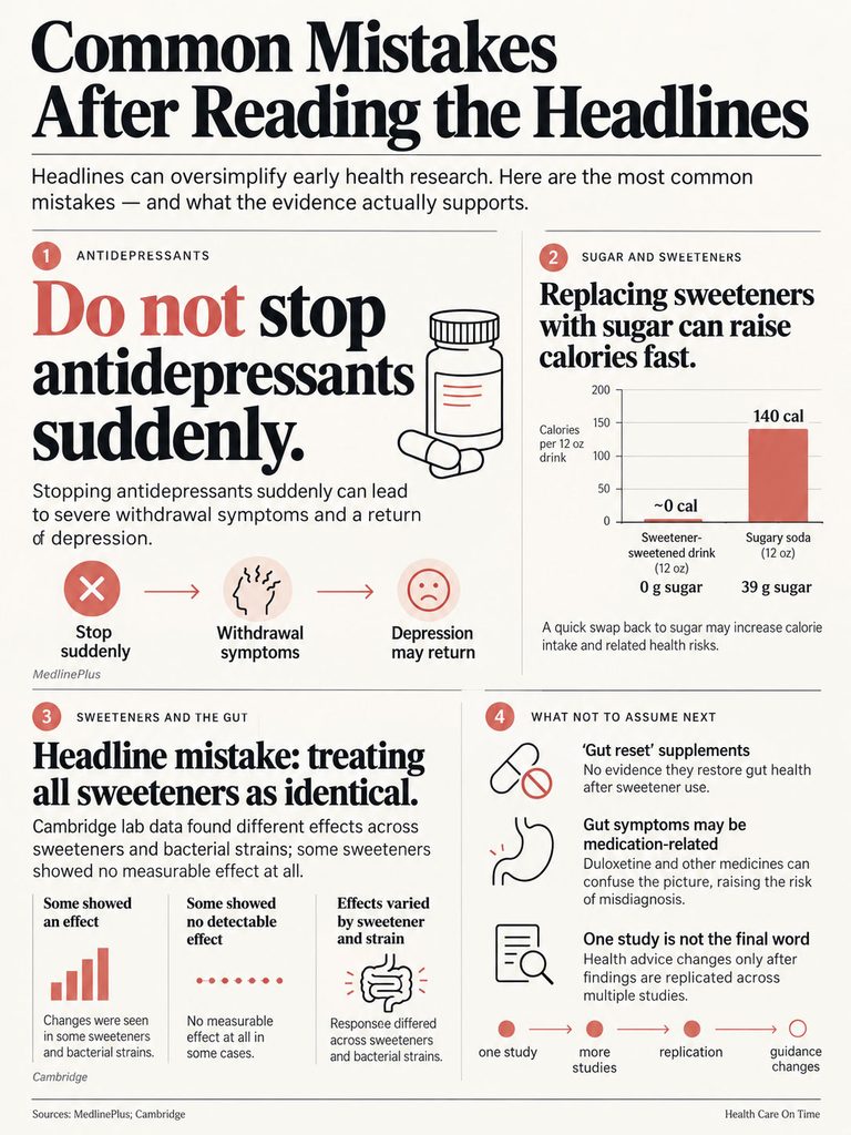 Infographic highlighting common mistakes after reading health headlines, focusing on antidepressants and sweeteners.