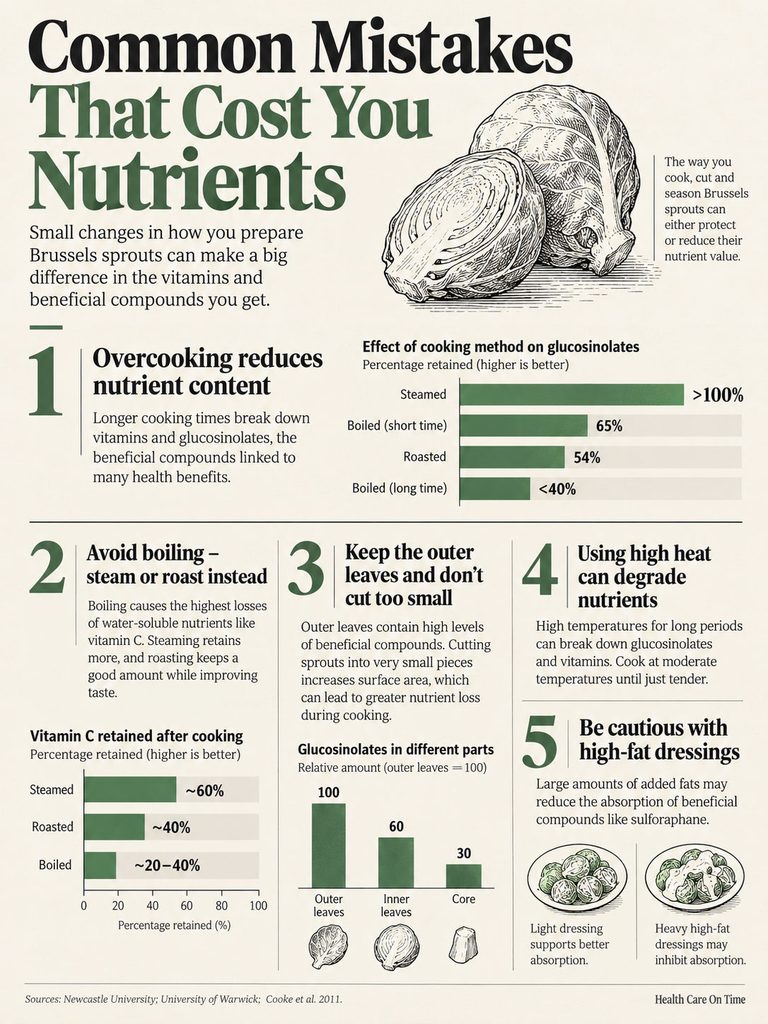 Infographic showing common mistakes in cooking Brussels sprouts, highlighting nutrient retention percentages for various methods.