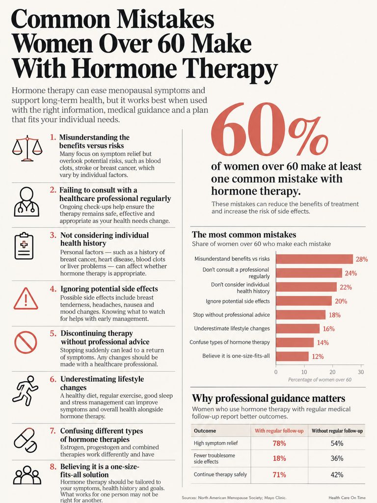 Infographic detailing common mistakes women over 60 make with hormone therapy, including statistics and advice.