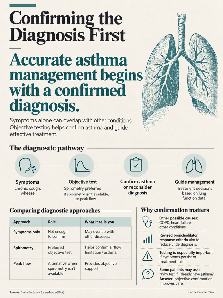 Infographic on asthma diagnosis featuring lungs, diagnostic pathway, and comparison of approaches with text and icons.
