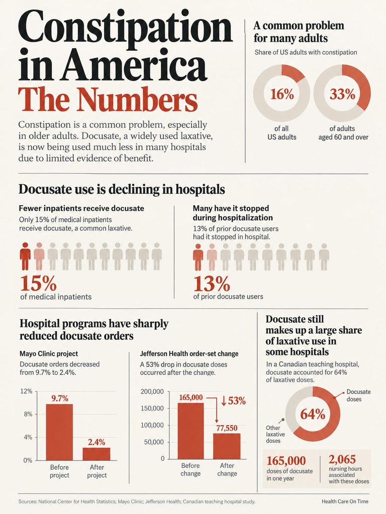 Infographic showing constipation statistics in America, including data on docustate use and hospital trends.
