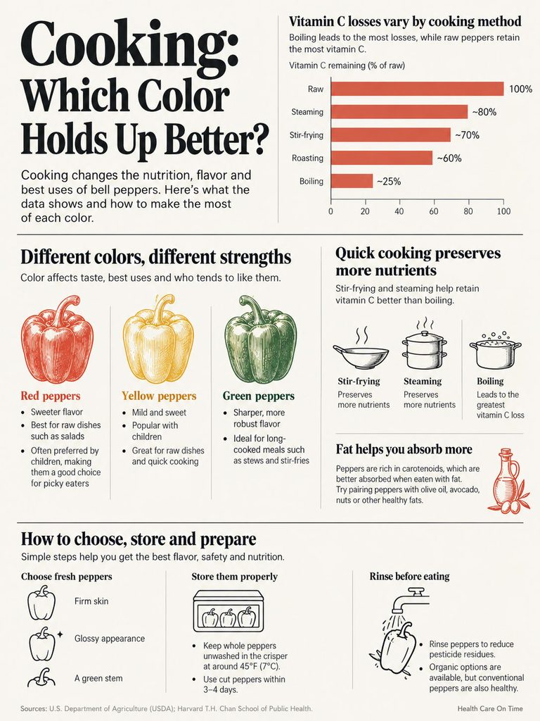 Infographic showing cooking methods and vitamin C retention in bell peppers, with colorful illustrations and data charts.