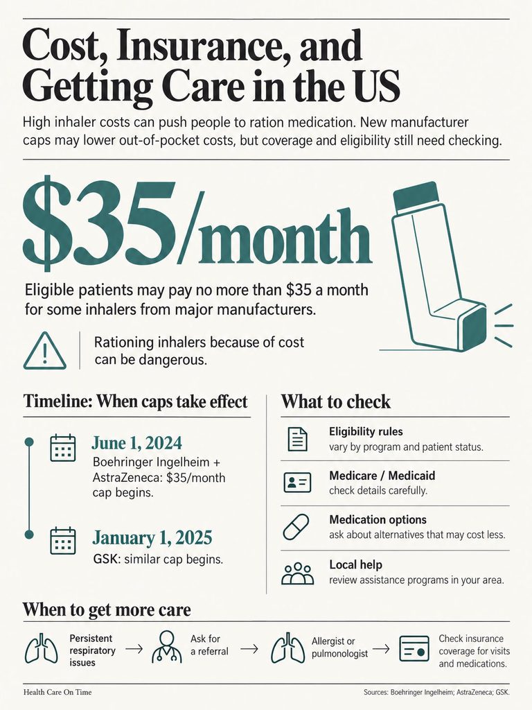 Infographic showing inhaler cost details, $35/month cap, eligibility, and care timeline in the US.