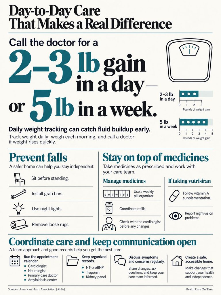 Infographic detailing day-to-day care tips, including weight tracking and medication management.