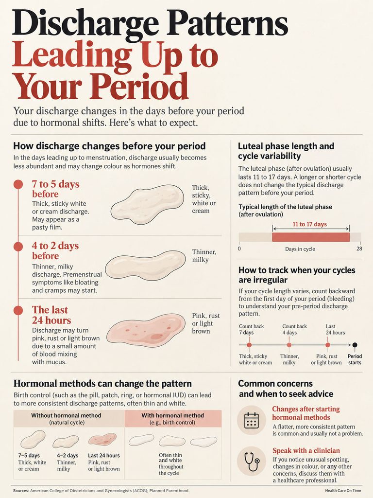 Infographic illustrating discharge patterns before menstruation with charts and descriptions of changes in discharge.