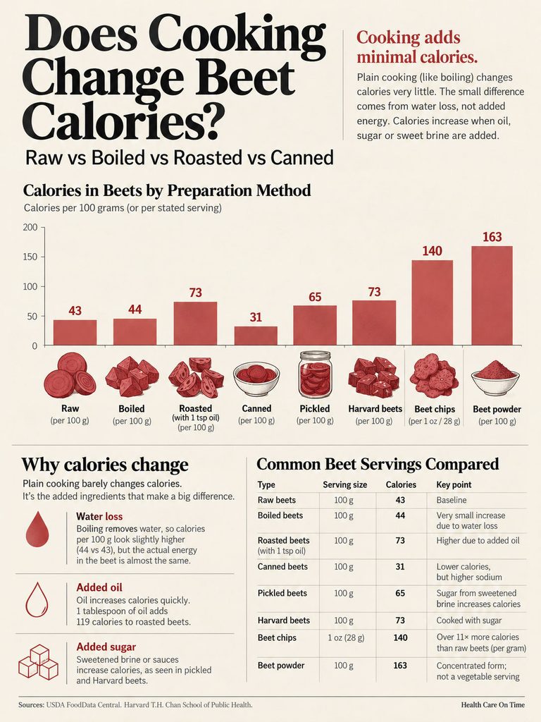 Infographic comparing beet calories by preparation method: raw, boiled, roasted, canned, pickled, and more.