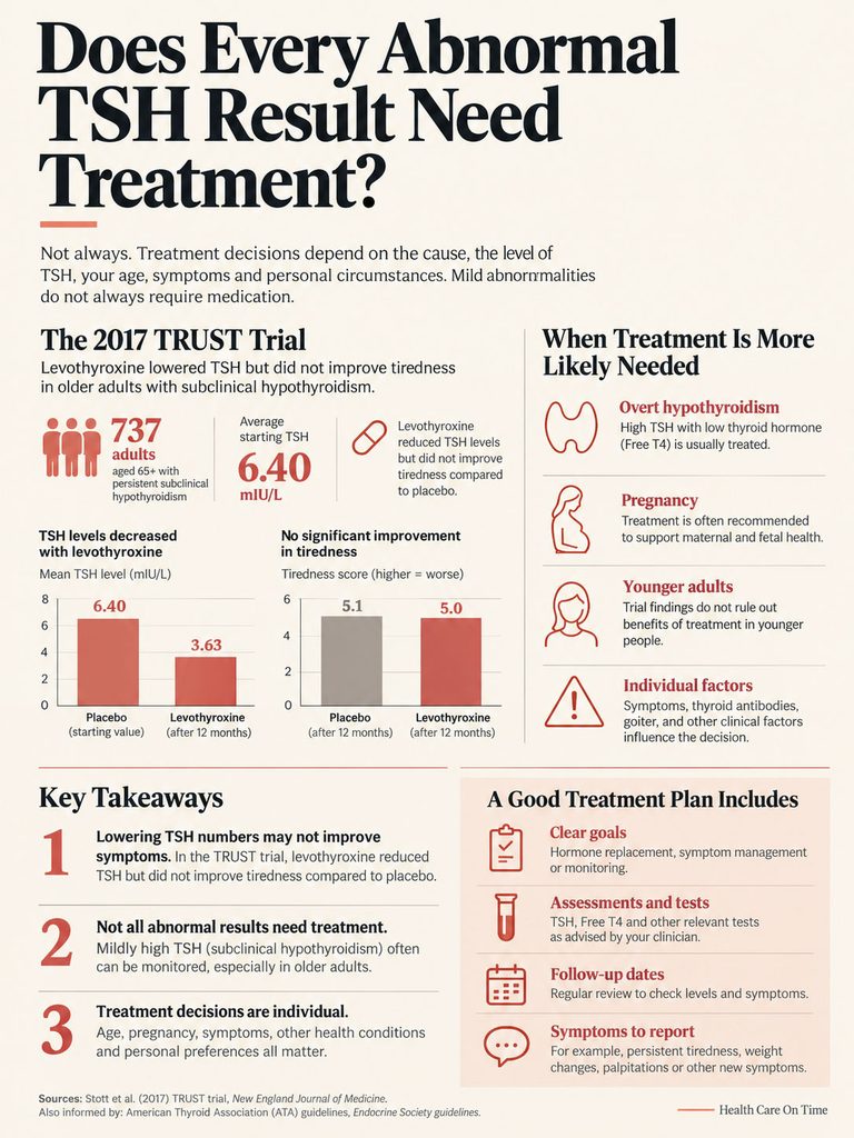 Infographic explaining TSH treatment needs, showing trial results, graphs, and key takeaways on hypothyroidism.