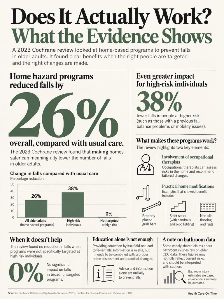Infographic showing fall reduction statistics for home hazard programs, highlighting 26% overall and 38% for high-risk individuals.