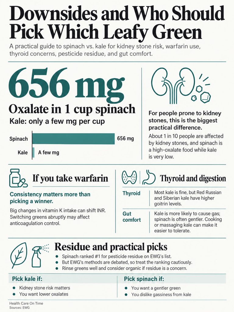 Infographic comparing spinach and kale for kidney stones, warfarin use, and gut comfort with statistics and icons.